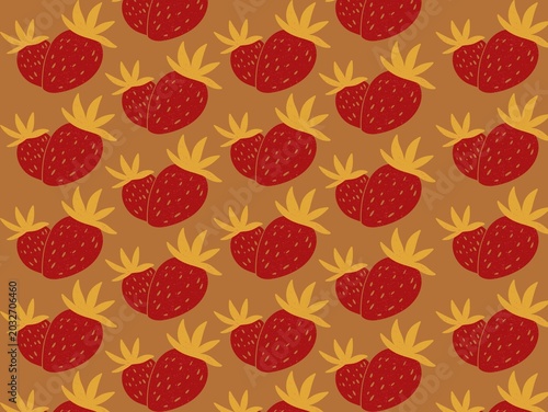 Schilderij op canvas Seamless pattern featuring red strawberries with yellow leaves on a brown background
