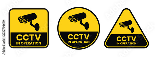 Foto cctv surveillance camera warning signs yellow triangular icons with text