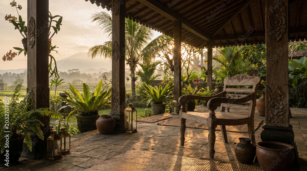 Obraz premium Elegant rustic terrace with carved wooden chair overlooking tropical gardens and misty countryside landscape at sunrise