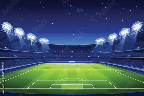Empty illuminated soccer stadium arena under a starry night sky with bright floodlights, green grass football field, and tiered seating, simple flat vector illustration for sports background.