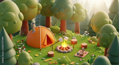 Cartoon camping scene features a tent surrounded by trees and picnic items in a whimsical forest.