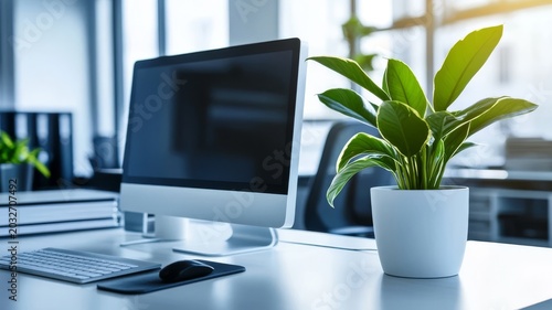 Modern office desk setup with computer monitor and potted plant for professional workspace productivity concepts in daylight.