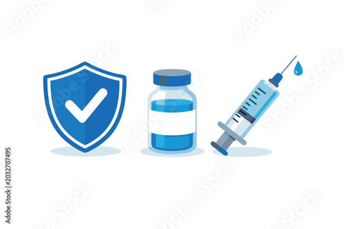 Vaccination and Immunization Concept Illustration Featuring a Blue Shield with Checkmark, Medical Vaccine Vial, and Syringe with Needle Drop for Health Protection and Disease Prevention.
