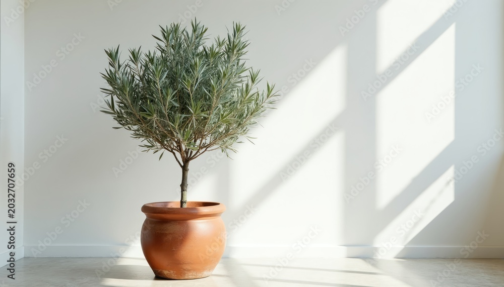 Fototapeta premium Minimalist indoor olive tree in terracotta pot. Lush green foliage, soft light shadows on white wall. Simple elegant home decor, natural aesthetic, plant life.