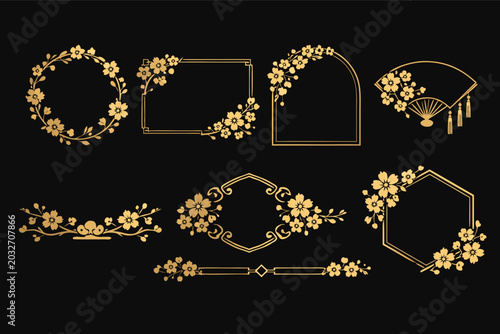 Premium Golden Asian Sakura Labels and Cherry Blossom Decorative Frames for Luxury Branding, Traditional Japanese Floral Borders, Elegant Gold Wreaths, Fan and Dividers on Black Background