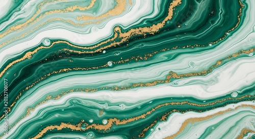 Abstract marbleized background features flowing green and gold patterns with organic textures.