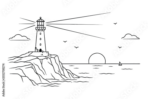 Minimalist black and white line art illustration of a lighthouse on a rocky cliff overlooking the ocean at sunset with seagulls and a sailboat, perfect for coloring pages and nautical vector art.