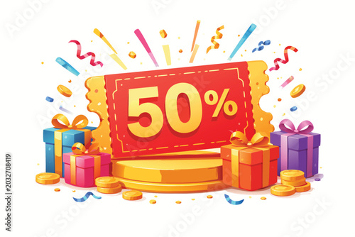 Vibrant 50% Off Discount Coupon on Golden Podium with Colorful Gift Boxes, Gold Coins, and Confetti. Perfect for Sale Promotions, Marketing Banners, and E-commerce Advertising Vector Illustration.