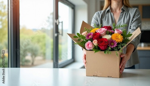 Woman holding cardboard box with colorful flower bouquet. Floral delivery service concept. Gift for celebration, birthday or anniversary. Fresh roses and gerbera inside open package.