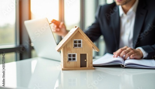 Realtor showing wooden house model on office desk. Man in suit working with laptop and notebook. Real estate agent or broker discussing property investment and mortgage plan concept.