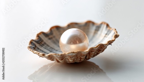 Shiny pearl inside an open seashell. Luxury jewelry and precious gemstone concept. Natural treasure from the ocean. Concept of purity, beauty, wealth and elegance for design projects.