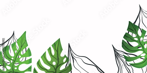 Floral frame with colorful exotic branches on white background. Ornate border with tropic leaves. Vector stock illustration for wallpaper, posters, card. Doodle style. Copy space.