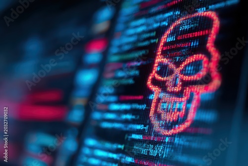 Digital skull malware alert showing on computer screen with red glitched code and hacking.