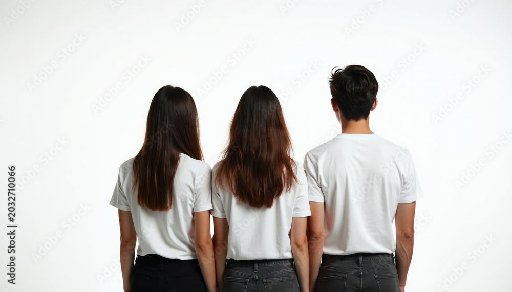 Obraz premium Three people stand with backs turned in white t-shirts against a white background. They might represent a team, a family, or a couple looking forward to the future, or a general group of individuals.