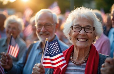 Elderly Americans wave small US flags. Seniors gather outdoors smiling joyfully. They express patriotism. Crowd celebrates national holidays. Love for country is clear.