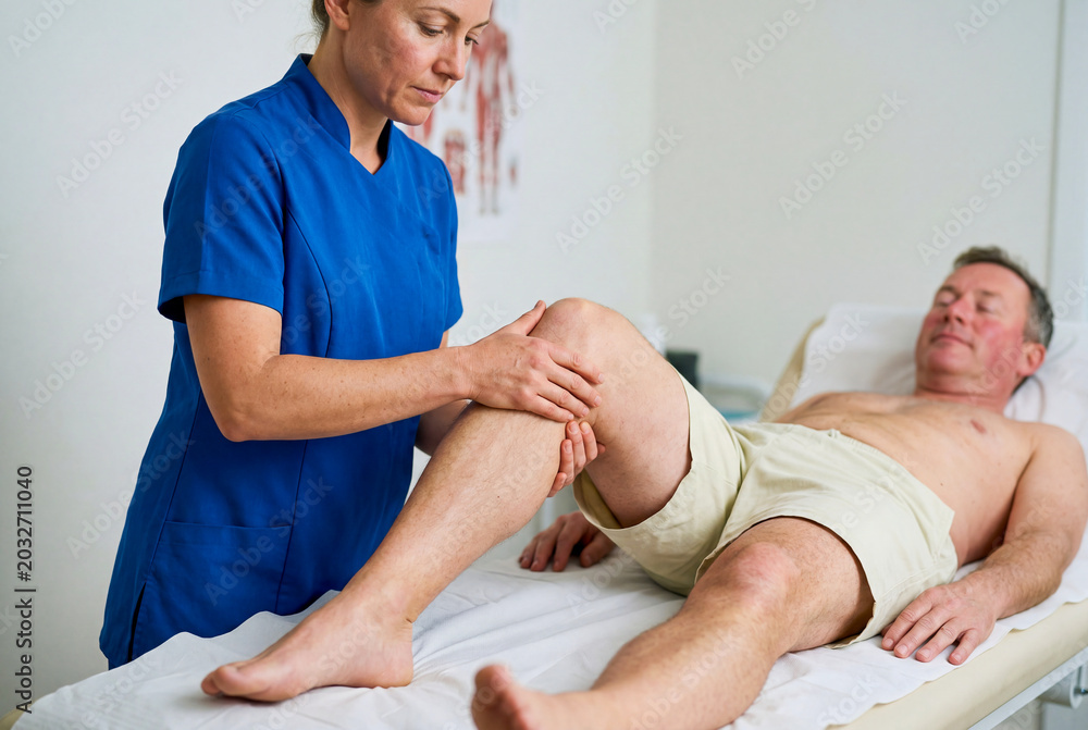 Obraz premium Female Physiotherapist Examining Mature Man Knee in Medical Clinic
