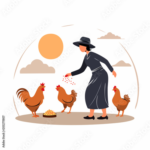Woman feeding chickens in a farmyard