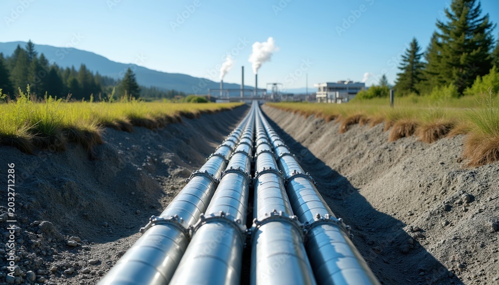 Fototapeta premium Metal pipes run underground toward industrial buildings with steam vents. Scene shows geothermal energy plant with power generation equipment for sustainable heat. Resource infrastructure operates