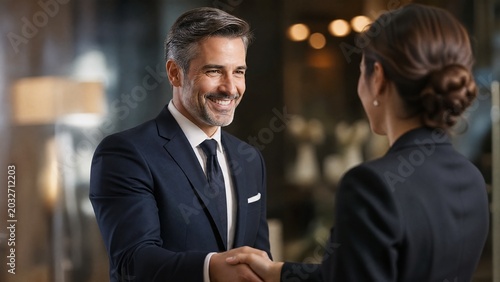 A professional handshake between two individuals, conveying trust and formal elegance.