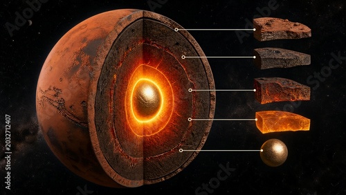 A cross-section visual of Mars revealing its glowing, solid metallic core at the center.