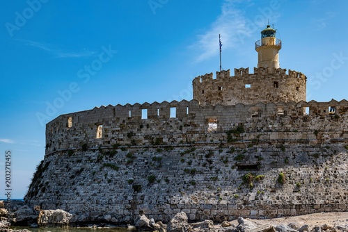 The Agios Nikolaos Fortress at the entrance to Mandraki Harbor in Rhodes Town.