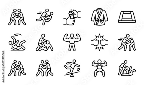 Fotografi Wrestling Icons Set, Combat Sports Graphics, Martial Arts Vector Collection, Ath