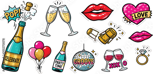 Pop Art Party Illustration Set with Retro Champagne Bottle Wine Glasses Disco Ball Red Lips and Love Heart Symbols for Celebration Birthday and Nightclub Event Backgrounds