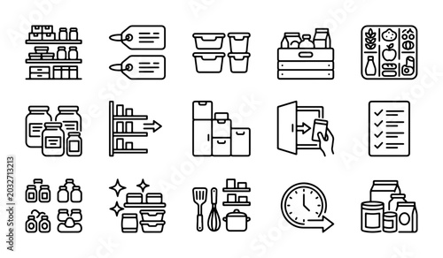 Billede på lærred Pantry Organization Icons, Food Storage Vector Graphics, Kitchen Shelf Managemen