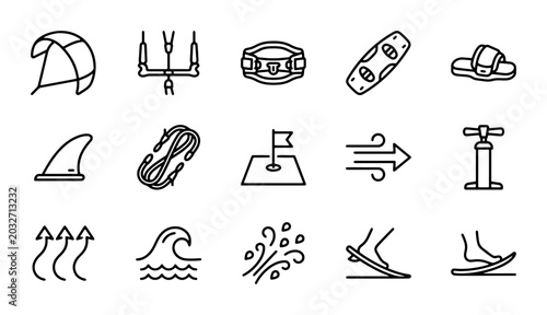 Bild auf Leinwand Kitesurfing Icons Set: Kite, Board, Harness, Wind, Waves, Vector Graphics for Ex