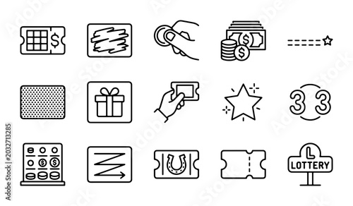 Foto Lottery Icons Set: Gambling, Chance, and Winning Symbols for Games and Prizes