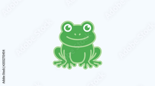 Green cartoon frog smiling sitting.