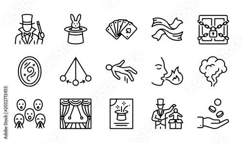 Photos Magic Show Icons Set: Illusionist, Rabbit, Cards, Chest, Fire, Brain, Stage, Tri