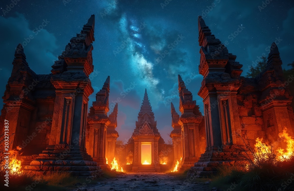 Obraz premium Ancient stone temple ruins ablaze under a starry night sky. Flames engulf the structure creating a mystical scene of destruction and heritage. The sky displays the Milky Way galaxy.