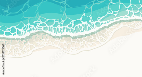 Aerial view of turquoise ocean waves gently lapping onto a white sandy beach