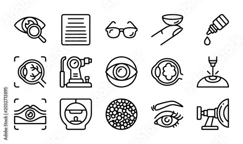 Schilderij op canvas Ophthalmology Icons Set: Eye Care, Vision Health, Optometry Equipment, Medical D