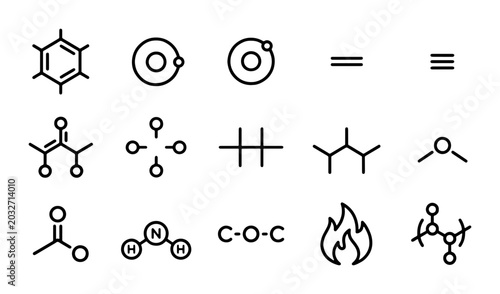 Foto Chemistry Icons Set: Molecular Structures, Atoms, Bonds, and Reactions Vector Gr