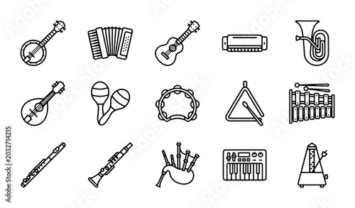 Canvas Print Musical Instruments Vector Icons Set, Outline Collection of Diverse Sound Device
