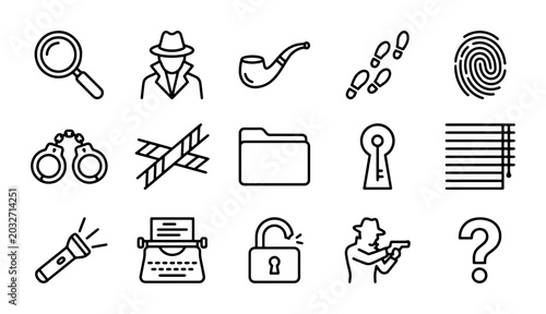 Foto Detective Icons Set: Investigation, Mystery, Crime Solving Tools, Magnifying Gla