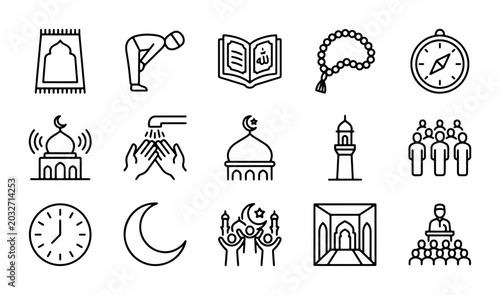 Canvas Print Islamic Icons Set: Prayer, Mosque, Quran, Ramadan Symbols, 15 Vector Elements