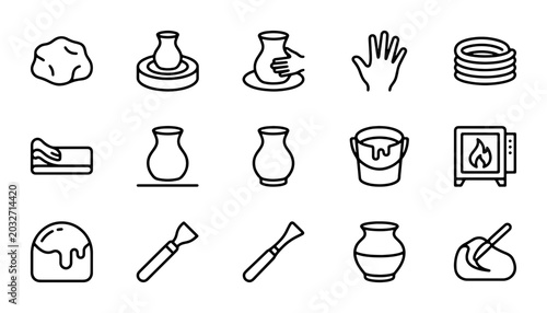 Obraz na płótnie Pottery Craft Icons Set, Ceramic Art Tools Collection, Clay Molding & Kiln Vecto
