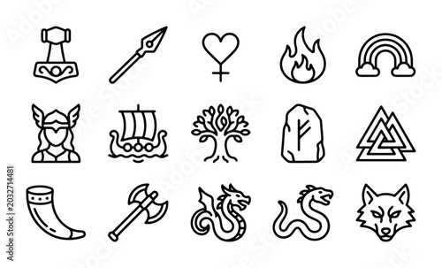 Bild auf Leinwand Norse Mythology Icons: Viking Symbols, Ancient Runes, Mythical Creatures, and Sy