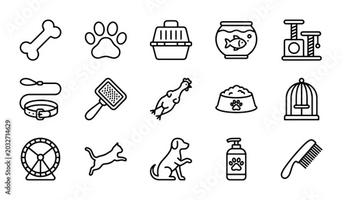 Canvastavla Pet Care Icons Set: Dog, Cat, Fish, Bird, Hamster Accessories, Grooming, Food, T