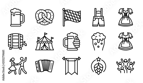 Tableau sur toile Bavarian Oktoberfest Icons Set: Beer, Pretzel, Dirndl, Lederhosen, Accordion, Ce