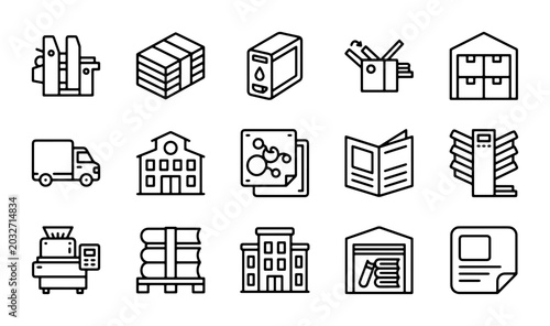 Fotografija Printing Industry Icons Set: Offset Press, Ink Cartridge, Delivery Truck, Wareho