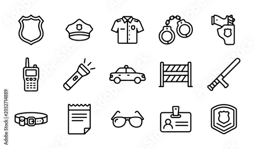 Tableau sur toile Police Icons Set: Law Enforcement Symbols, Security Gear, and Justice Elements f