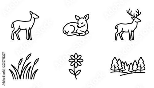 Canvas Print Deer Icons Set, Forest Landscape, Wild Animals, Nature Elements, Vector Graphics