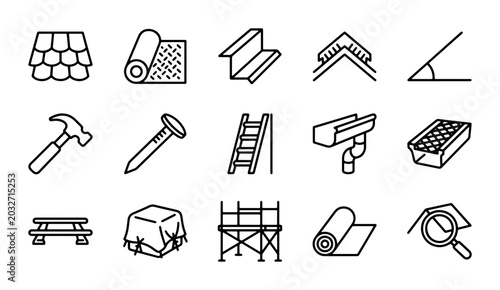 Obraz na płótnie Roofing and Construction Icons: Building Materials, Tools, and Safety Equipment