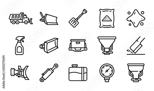 Foto Winter Snow Plow Equipment Icons, Salting Spreader, Truck Accessories, Vector Se