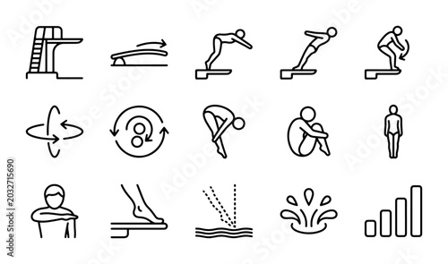 Foto Swimming Pool Diving Icons Set, Aquatic Sports Action Pictograms, Water Jump Ath