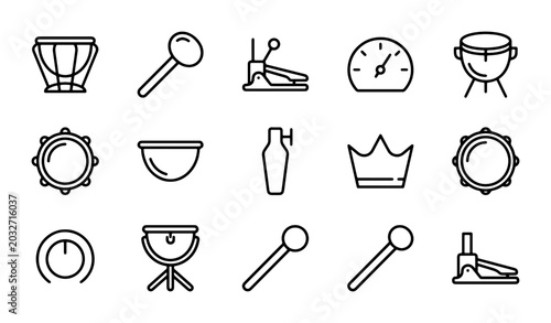Schilderij op canvas Percussion Instrument Icons Set, Musical Drum Kit Elements, Rhythm Beat Symbols,